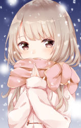 Rule 34 | 1girl, azuki (krps-hano), blush, close-up, coat, covered mouth, duffel coat, enpera, half-closed eyes, hands on own chest, highres, light brown hair, long hair, looking to the side, manatsuki manata, original, pink scarf, scarf, snow, solo, upper body