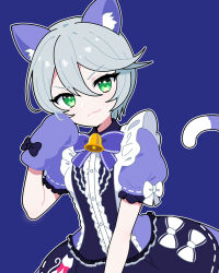 Rule 34 | 1girl, :3, alternate costume, animal ear fluff, animal ears, animal hands, bell, blue background, bow, cat ears, cat tail, center frills, closed mouth, commentary request, dress, frills, gloves, green eyes, grey hair, hair between eyes, hand up, highres, looking at viewer, neck bell, neck ribbon, nekomachi nao, outline, paw gloves, pretty series, pripara, puffy short sleeves, puffy sleeves, purple dress, ribbon, shikyoin hibiki, short hair, short sleeves, simple background, smile, solo, standing, tail, white bow, white outline