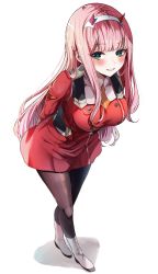 Rule 34 | 1girl, arms behind back, blush, breasts, crossed legs, darling in the franxx, full body, green eyes, hairband, highres, horns, long hair, looking at viewer, medium breasts, military, military uniform, oni horns, pantyhose, parted lips, pink hair, red horns, sak (lemondisk), smile, solo, uniform, watson cross, white hairband, zero two (darling in the franxx)