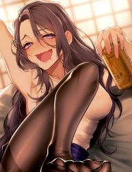 Rule 34 | 1girl, alcohol, arm up, armpits, beer, black pantyhose, blouse, blue skirt, blush, breasts, can, cup, drunk, feet, half-closed eyes, holding, holding can, holding cup, indoors, knee up, large breasts, long hair, looking at viewer, mole, mole under mouth, morino bambi, no shoes, nose blush, open mouth, original, pantyhose, purple eyes, purple hair, reclining, shirt, skirt, sleeveless, sleeveless shirt, solo, toes, wavy hair, white shirt