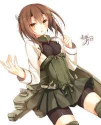 Rule 34 | 10s, 1girl, bike shorts, blush, brown eyes, brown hair, flat chest, headband, headgear, kantai collection, long sleeves, looking at viewer, one-hour drawing challenge, personification, pleated skirt, short hair, signature, simple background, skirt, solo, taihou (kancolle), toosaka asagi, white background