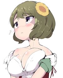 Rule 34 | 1girl, bad id, bad pixiv id, blush, breasts, cleavage, flower, green hair, hair flower, hair ornament, hinako note, kuroyanagi ruriko, large breasts, open mouth, oppai loli, purple eyes, short hair, simple background, solo, tottotonero, white background