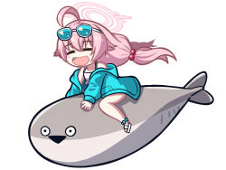 Rule 34 | 1girl, = =, ahoge, bikini, black mouth, blue-tinted eyewear, blue archive, blue jacket, chibi, closed eyes, eyewear on head, fang, fish, frilled bikini, frills, full body, hair bobbles, hair ornament, halo, highres, hoshino (blue archive), hoshino (swimsuit) (blue archive), jacket, long hair, long sleeves, low twintails, official alternate costume, open clothes, open jacket, open mouth, pink hair, pink halo, riding, sacabambaspis, sandals, simple background, smile, solo, sunglasses, swimsuit, tinted eyewear, triangle mouth, twintails, white background, white bikini, white footwear, yukimi unagi