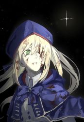 Rule 34 | 1girl, absurdres, artoria caster (fate), artoria caster (second ascension) (fate), artoria pendragon (fate), beret, blonde hair, blood, blood on clothes, blood on face, blue cloak, bow, buttons, cloak, collared shirt, fate/grand order, fate (series), green eyes, hair bow, hat, highres, long hair, long sleeves, night, omame korokor, one eye closed, ornament, purple bow, shirt, solo, star (sky), twintails, white shirt