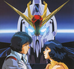 Rule 34 | 1990s (style), 1boy, 1girl, couple, fa yuiry, gloves, glowing, glowing eyes, good end, gundam, kamille bidan, key visual, kitazume hiroyuki, mecha, military, military uniform, mixed-language commentary, mobile suit, official art, promotional art, retro artstyle, robot, scan, science fiction, traditional media, uniform, upper body, v-fin, zeta gundam, zeta gundam (mobile suit)