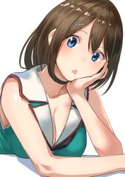 Rule 34 | 10s, 1girl, arm rest, bare arms, blue eyes, blush, breasts, brown hair, choker, cleavage, collarbone, hair between eyes, hair ornament, hairclip, hand on own cheek, hand on own face, highres, kantai collection, large breasts, looking at viewer, masukuza j, maya (kancolle), maya kai ni (kancolle), open mouth, sailor collar, short hair, simple background, solo, upper body, white background