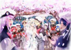 Rule 34 | 10s, 5boys, 5girls, bare shoulders, bell, black hair, blonde hair, blue eyes, blue hair, blush, blush stickers, breasts, bridal veil, brown hair, capelet, cherry blossoms, cleavage, closed eyes, collarbone, commentary, commentary request, couple, darling in the franxx, dress, english text, fangs, flower, futoshi (darling in the franxx), glasses, gorou (darling in the franxx), green eyes, green shorts, grey dress, grey legwear, grey shirt, hair ornament, hairband, hand up, hat, hetero, hiro (darling in the franxx), holding, holding bell, holding hands, horns, ichigo (darling in the franxx), ikuno (darling in the franxx), jewelry, kokoro (darling in the franxx), light brown hair, long hair, long sleeves, looking at another, medium breasts, miku (darling in the franxx), military, military uniform, mitsuru (darling in the franxx), multiple boys, multiple girls, necktie, oni horns, peaked cap, petals, pink hair, purple eyes, red hair, red horns, red neckwear, ring, shirt, shorts, sleeveless, sleeveless dress, socks, temodemo nor, thick eyebrows, tree, uniform, veil, wedding, wedding dress, wedding ring, white dress, white hairband, yellow eyes, zero two (darling in the franxx), zorome (darling in the franxx)