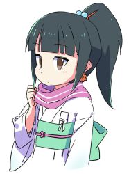 Rule 34 | 1girl, black hair, blunt bangs, blush, brown eyes, closed mouth, commentary request, copyright request, cropped torso, earrings, flower, flower earrings, hair bobbles, hair ornament, hand up, high ponytail, highres, japanese clothes, jewelry, kimono, long sleeves, looking at viewer, obi, ponytail, purple scarf, red flower, roku no hito, sash, scarf, sidelocks, simple background, solo, upper body, white background, white kimono