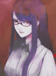 Rule 34 | 1girl, asymmetrical bangs, breasts, closed mouth, collared shirt, commentary, english commentary, glasses, grey shirt, highres, kamishiro rize, large breasts, long hair, looking at viewer, moedredd, pale skin, purple hair, red-framed eyewear, red background, red eyes, sanpaku, semi-rimless eyewear, shirt, signature, solo, tokyo ghoul, under-rim eyewear, upper body, white shirt
