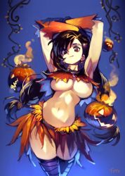 Rule 34 | 1girl, armpits, arms up, artist name, black hair, blue background, breasts, brown eyes, commentary, earrings, english commentary, final fantasy, final fantasy vii, gloves, halloween, halloween costume, jack-o&#039;-lantern, jewelry, large breasts, long hair, looking at viewer, low-tied long hair, navel, nipple slip, nipples, optionaltypo, simple background, skirt, solo, square enix, swept bangs, thighhighs, tifa lockhart, very long hair