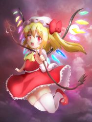 Rule 34 | 1girl, :d, ascot, azuma shino, blonde hair, blush, fang, flandre scarlet, flying sweatdrops, hat, holding, index finger raised, looking at viewer, mary janes, mob cap, one side up, open mouth, outdoors, red eyes, red footwear, red skirt, red vest, shoes, skin fang, skirt, smile, solo, thighhighs, touhou, vest, white hat, white thighhighs, wings, yellow ascot
