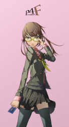 Rule 34 | 1girl, aged up, arabahama, atlus, doujima nanako, female focus, glasses, gradient background, looking back, persona, persona 4, school uniform, solo, tarot, thighhighs, twintails