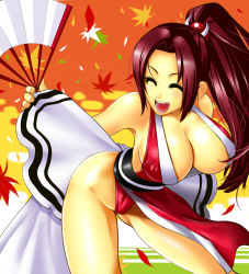 Rule 34 | 1girl, absurdres, bare shoulders, breasts, brown hair, cleavage, closed eyes, hand fan, fatal fury, folding fan, hanging breasts, highres, japanese clothes, large breasts, leaning forward, legs, long hair, no panties, pelvic curtain, pleasure-treasure, ponytail, revealing clothes, shiranui mai, snk, solo, the king of fighters, thighs