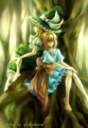 Rule 34 | 2girls, absurdres, alice margatroid, alternate costume, back-to-back, bad id, bad pixiv id, barefoot, blonde hair, bow, dress, closed eyes, feet, female focus, frilled dress, frills, hairband, hands on own knees, hat, highres, in tree, kirisame marisa, large bow, hugging own legs, multiple girls, roots, sitting, sitting in tree, smile, touhou, tree, windyakuma, witch, witch hat