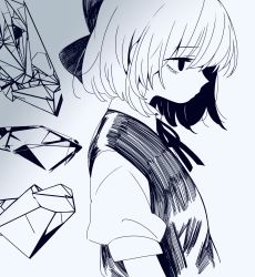 Rule 34 | 1girl, cirno, commentary request, hanokami, high contrast, highres, ice, ice wings, looking ahead, medium hair, monochrome, open mouth, ribbon, shirt, short sleeves, simple background, solo, touhou, vest, white background, wings