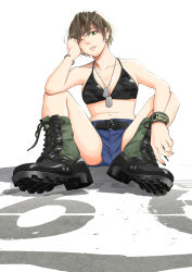 Rule 34 | 1girl, absurdres, bare legs, belt, black belt, black bra, black nails, boots, bra, bracelet, brown hair, combat boots, cross-laced footwear, denim, denim shorts, dog tags, green eyes, hand on own head, highres, jewelry, lace-up boots, looking at viewer, nail polish, one eye closed, original, route 66, shoe soles, short hair, short shorts, shorts, sitting, solo, takada katsura, two-tone footwear, underwear, white background