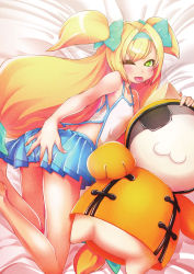 Rule 34 | 1girl, absurdres, bare legs, blazblue, blonde hair, character doll, green eyes, hair ribbon, hairband, heart, heart-shaped pupils, highres, jubei (blazblue), long hair, low-tied long hair, miniskirt, non-web source, official art, one eye closed, platinum the trinity, pleated skirt, ribbon, skirt, sleeveless, symbol-shaped pupils, tongue, tongue out, two side up