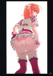 Rule 34 | 1girl, 40hara, absurdres, angry, ass, back, boots, contempt, disgust, from behind, from below, green eyes, hair ribbon, highres, legs, looking back, midriff, orange hair, original, panties, pantyshot, parted lips, raised eyebrows, ribbon, short hair, short sleeves, simple background, skirt, solo, standing, thigh boots, thighhighs, thighs, underwear, undressing, white background