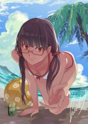 Rule 34 | absurdres, all fours, amagami, ayatsuji tsukasa, ball, beach, beachball, bikini, black hair, blue sky, breasts, brown eyes, brown hair, cloud, curved horizon, danieri, glasses, highres, horizon, long hair, looking at viewer, ocean, outstretched hand, palm tree, signature, sky, small breasts, smile, solo, swimsuit, tree, twintails, white bikini