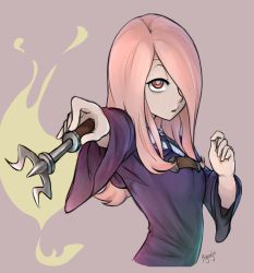Rule 34 | 1girl, ar jart, artist name, commentary, hair over one eye, highres, little witch academia, long hair, long sleeves, looking at viewer, luna nova school uniform, magic, pink hair, pointing, red eyes, school uniform, signature, simple background, sucy manbavaran, upper body, wand, watermark, witch