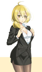 Rule 34 | 1girl, 2018, absurdres, ahoge, beige background, black dress, black pantyhose, black suit, blonde hair, blush, breasts, buttoned cuffs, buttons, cleavage, clip studio paint, collared shirt, dated, dress, eudetenis, final fantasy, formal, gender request, genderswap, hair over shoulder, highres, holding, holding clothes, holding jacket, jacket, long hair, long sleeves, looking at viewer, medium breasts, miniskirt, open collar, pantyhose, parted lips, pencil skirt, ponytail, ramza beoulve, shirt, signature, simple background, skirt, skirt suit, solo, standing, suit, white background, white shirt, yellow eyes