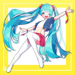 Rule 34 | 1girl, ;d, alternate costume, bad id, bad pixiv id, blue eyes, blue hair, blue jacket, blunt bangs, blush, boots, border, clothes writing, eyes visible through hair, flat chest, floating hair, full body, hatsune miku, highres, jacket, knee up, koyubita, long hair, looking at viewer, midriff, navel, no nose, one eye closed, open clothes, open jacket, open mouth, outside border, outstretched arms, palms, pink skirt, pleated skirt, puffy short sleeves, puffy sleeves, ribbon, round teeth, short sleeves, sidelocks, simple background, skirt, smile, solo, suspender skirt, suspenders, tank top, teeth, thigh boots, thighhighs, twintails, upper teeth only, very long hair, vocaloid, white background, white footwear, white tank top, wrist ribbon, yellow border, zettai ryouiki