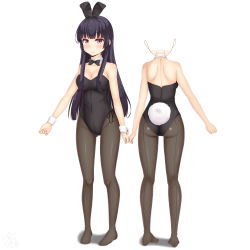 Rule 34 | 1girl, absurdres, animal ears, ass, black hair, black leotard, black neckwear, black pantyhose, bow, bowtie, brown eyes, character chart, commentary request, detached collar, fake animal ears, full body, gluteal fold, highres, leotard, long hair, looking at viewer, multiple views, original, pantyhose, playboy bunny, rabbit ears, rabbit tail, sainohikari, simple background, standing, strapless, strapless leotard, tail, white background, wrist cuffs