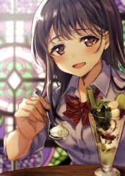 Rule 34 | 1girl, :d, black hair, blush, bow, bowtie, brown eyes, collared shirt, commentary request, feeding, highres, holding, holding spoon, incoming food, light blush, long hair, looking at viewer, natsuki iori, open mouth, original, parfait, pov feeding, red bow, red bowtie, school uniform, shirt, smile, solo, spoon, stained glass, striped bow, striped bowtie, striped clothes, striped neckwear, upper body, white shirt