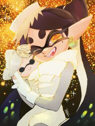 1girl black_hair bodystocking bow-shaped_hair callie_(splatoon) character_doll commentary cross-shaped_pupils earrings english_commentary fangs gloves hugging_doll hugging_object inkling isamu-ki_(yuuki) jewelry jumpsuit long_hair long_pointy_ears looking_at_viewer marie_(splatoon) mole mole_under_eye nintendo official_alternate_costume one_eye_closed open_mouth orange_pupils pointy_ears scarf short_jumpsuit signature smile solo splatoon_(series) splatoon_3 swept_bangs symbol-shaped_pupils tentacle_hair thick_eyebrows twintails white_gloves white_jumpsuit white_scarf yellow_eyes