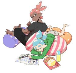 Rule 34 | 2boys, barefoot, black shirt, black shorts, candy, dark skin, food, glasses, holding, holding food, inkling player character, light background, lollipop, looking at viewer, lying, male focus, multiple boys, nintendo, one eye closed, open mouth, pillow, pointy ears, ponytail, shirt, short sleeves, shorts, simple background, smile, splatoon (series), star (symbol), striped, sweets, tentacle hair, tentacles, white background, wink