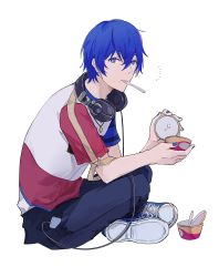 Rule 34 | 1boy, blue eyes, blue footwear, blue hair, blue nails, cable, commentary, crossed legs, denim, digital media player, food, food on face, from side, full body, headphones, headphones around neck, highres, ice cream cup, indian style, jeans, jewelry, kaito (vocaloid), looking at viewer, male focus, mouth hold, nail polish, necklace, notice lines, opening can, pants, project sekai, shirt, shoes, short sleeves, simple background, sitting, sneakers, solo, spoon, utensil in mouth, vocaloid, white background, yinnnn