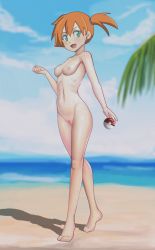 Rule 34 | 1girl, aqua eyes, aruman, bad id, bad pixiv id, barefoot, beach, blue sky, blush, breasts, censored, cloud, completely nude, creatures (company), day, female focus, full body, game freak, hair between eyes, hair tie, hand up, highres, looking at viewer, misty (pokemon), mosaic censoring, navel, nintendo, nipples, nude, nudist, ocean, open mouth, orange hair, outdoors, palm tree, poke ball, poke ball (basic), pokemon, pokemon (anime), pokemon (classic anime), pussy, ribs, shiny skin, short hair, side ponytail, sky, small breasts, smile, solo, standing, tree, water