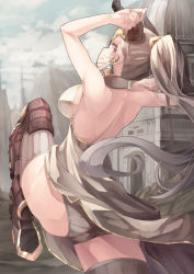 Rule 34 | 10s, 1girl, aliza (granblue fantasy), alternate color, arms up, ass, bad id, bad pixiv id, bare shoulders, blue sky, breasts, building, cloud, cloudy sky, day, draph, dress, earrings, female focus, from behind, granblue fantasy, halterneck, highres, horns, jewelry, large breasts, long hair, looking at viewer, outdoors, panties, player 2, pointy ears, ponytail, red eyes, ribbed legwear, saraki, shoulder blades, sideboob, sideways glance, silver hair, sky, solo, split, thighhighs, underwear, very long hair, white panties, white thighhighs