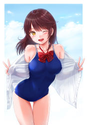 Rule 34 | 1girl, bare shoulders, blouse, blue one-piece swimsuit, blue sky, blush, breasts, brown eyes, brown hair, cloud, commentary request, competition school swimsuit, covered erect nipples, covered navel, day, double v, highres, long hair, looking at viewer, new school swimsuit, no pants, one-piece swimsuit, one eye closed, open clothes, open mouth, open shirt, original, outdoors, reco (fortunequest), school swimsuit, shirt, sky, smile, solo, standing, swimsuit, swimsuit under clothes, v, wet, white shirt