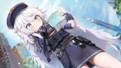 Rule 34 | 1girl, ammunition belt, arm guards, armband, black gloves, blue eyes, cityscape, clenched hand, cloud, cowboy shot, dutch angle, flat chest, from below, glasses, gloves, goddess of victory: nikke, hat, holding, holding map, jehyun, light blush, long hair, looking at object, map, pencil skirt, bulletproof vest, poli (nikke), police, police hat, police uniform, policewoman, rainbow, rapture (nikke), short sleeves, shoulder pads, sidelocks, skirt, sky, solo focus, sunglasses, sweatdrop, thighs, uniform, very long hair, wavy hair, white hair