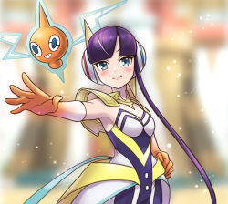 Rule 34 | 1girl, blue eyes, blunt bangs, blurry, blurry background, blush, closed mouth, commentary, creatures (company), elesa (pokemon), elesa (sygna suit) (pokemon), english commentary, game freak, gen 4 pokemon, gloves, gradient gloves, hand on own hip, hand up, headphones, looking at viewer, mono land, nintendo, official alternate costume, outstretched hand, pokemon, pokemon (creature), pokemon masters ex, purple hair, rotom, rotom (normal), smile
