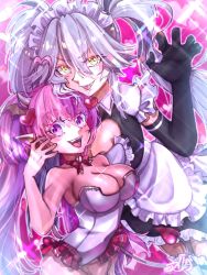 Rule 34 | 2girls, ahoge, apron, black gloves, bow, bow choker, breasts, choker, cleavage, cleavage cutout, clothing cutout, demon girl, demon horns, demon tail, demon wings, elbow gloves, fang, fumizuki kazuhito, gloves, hair ornament, head wings, heart, heart ahoge, heart hair ornament, highres, horns, ironmouse, ironmouse (race queen), large breasts, leotard, long hair, maid, maid apron, maid headdress, multicolored hair, multiple girls, open mouth, pink bow, pink choker, pink hair, pointy ears, purple eyes, purple hair, race queen, slit pupils, streaked hair, tail, tongue, tongue out, twintails, virtual youtuber, vshojo, white hair, white leotard, wings, yellow eyes, zentreya (cyborg), zentreya