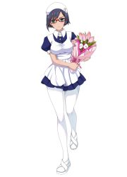 Rule 34 | 1girl, black hair, bouquet, breasts, cle masahiro, flower, frown, full body, glasses, headwear request, highres, holding, holding bouquet, large breasts, non-web source, pantyhose, shigure kasumi, short hair, simple background, skirt, solo, standing, standing on one leg, valkyrie drive, valkyrie drive -siren-, white background, white pantyhose