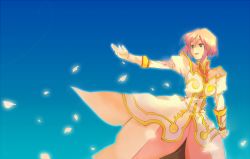 Rule 34 | 00s, 1girl, blue background, dress, estellise sidos heurassein, gloves, gradient background, green eyes, outline, petals, pink hair, short hair, simple background, solo, tales of (series), tales of vesperia