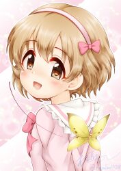 Rule 34 | 1girl, :d, animal, blush, bow, brown eyes, brown hair, bug, butterfly, commentary request, frills, from side, hair between eyes, hairband, highres, idolmaster, idolmaster cinderella girls, idolmaster cinderella girls u149, insect, jacket, koga koharu, looking at viewer, looking to the side, open mouth, pink bow, pink hairband, pink jacket, regular mow, signature, smile, solo, twitter username, upper body