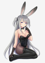 Rule 34 | 1girl, absurdres, animal ears, arknights, black footwear, black gloves, black leotard, black neckwear, black pantyhose, blue eyes, boots, breasts, cleavage, detached collar, fake animal ears, finger to mouth, gloves, grey background, high heel boots, high heels, highleg, highleg leotard, highres, index finger raised, leotard, long hair, looking at viewer, luobo1220, medium breasts, pantyhose, playboy bunny, rabbit ears, rabbit girl, savage (arknights), shiny skin, silver hair, simple background, sitting, solo, strapless, strapless leotard, swept bangs, thigh boots, thighhighs, two side up, very long hair, wing collar