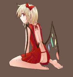 Rule 34 | 1girl, ass, back, backless outfit, barefoot, blonde hair, dress, flandre scarlet, looking back, miyo (ranthath), no panties, red eyes, short hair, sketch, sleeveless, sleeveless dress, solo, touhou, wings