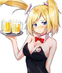 Rule 34 | 1girl, aki rosenthal, alcohol, beer, beer mug, blonde hair, blue eyes, blush, bow, bowtie, breasts, cleavage, cup, detached collar, detached hair, embarrassed, frown, haruka kuromiya, holding, hololive, leotard, looking at viewer, mug, name tag, parted bangs, playboy bunny, solo, transparent background, upper body, virtual youtuber