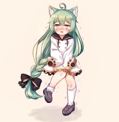 Rule 34 | 1girl, :3, absurdres, ahoge, akashi (azur lane), animal ear fluff, animal ears, azur lane, beige background, between legs, black bow, black footwear, blush, bow, braid, cat ears, child, embarrassed, female focus, full body, green hair, hair bow, hand between legs, have to pee, highres, kneehighs, knees together feet apart, kosobin, leg up, long hair, long sleeves, looking at viewer, low-braided long hair, low-tied long hair, nose blush, open mouth, own hands together, pigeon-toed, shoes, simple background, single braid, sleeves past fingers, sleeves past wrists, smile, socks, solo, standing, standing on one leg, sweat, trembling, v arms, very long hair, white socks, yellow eyes