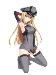 Rule 34 | 10s, 1girl, arm up, armpits, bad id, bad pixiv id, bare shoulders, bismarck (kancolle), blonde hair, blue eyes, brown gloves, detached sleeves, ghound, gloves, grey thighhighs, hat, highres, kantai collection, long hair, military, military hat, military uniform, peaked cap, simple background, solo, thighhighs, uniform, white background