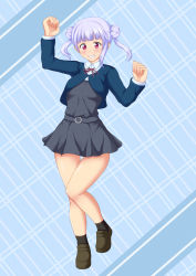 Rule 34 | 1girl, aqua background, arashi chisato, artist name, artist request, bare legs, belt, black socks, blue cardigan, blue jacket, blush, bow, bowtie, breasts, brown footwear, buttons, cardigan, clenched hands, collared shirt, cropped jacket, double bun, dress, dress shirt, female focus, floating hair, full body, grey belt, grey shirt, grey skirt, hair bun, hair tie, jacket, long hair, long sleeves, looking at viewer, love live!, love live! superstar!!, miniskirt, neck ribbon, o-ring, o-ring belt, parted lips, plaid, plaid skirt, pleated, pleated skirt, red bow, red eyes, red ribbon, ribbon, school uniform, shirt, shoes, skirt, small breasts, smile, socks, solo, teeth, twintails, white hair, white shirt, wing collar, yuigaoka school uniform