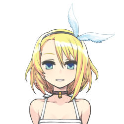 Rule 34 | 1girl, bell, blonde hair, blue eyes, chan co, choker, feather hair ornament, feathers, female focus, hair ornament, hairband, kagamine rin, short hair, simple background, solo, vocaloid, white background