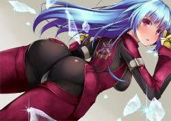 Rule 34 | 1girl, ass, back, blue hair, blush, bodysuit, breasts, dd mayohara, from behind, from below, gloves, huge ass, ice, kula diamond, long hair, looking back, open mouth, red eyes, shiny clothes, sideboob, simple background, solo, the king of fighters, thick thighs, thighs, wide hips