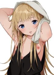 Rule 34 | 1girl, armpits, arms up, bad anatomy, bad id, bad twitter id, blonde hair, blue eyes, blush, breasts, long hair, looking at viewer, nipple slip, nipples, original, parted lips, shinjiro, sidelocks, simple background, small breasts, solo, sweat, tank top, towel, upper body, white background