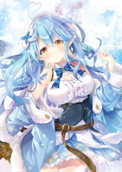 Rule 34 | 1girl, :o, ahoge, bare shoulders, belt, belt buckle, beret, blouse, blue bow, blue flower, blue hair, blue jacket, blue skirt, bow, breasts, brown belt, brown eyes, buckle, center frills, cleavage, cleavage cutout, clothing cutout, commentary request, flower, frilled skirt, frills, fur-trimmed sleeves, fur trim, hair flower, hair ornament, half updo, hand up, hat, heart, heart ahoge, highres, hololive, jacket, long hair, long sleeves, looking at viewer, medium breasts, mocha (naturefour), multicolored hair, off shoulder, open clothes, open jacket, parted lips, plaid, plaid bow, pointy ears, print skirt, shirt, skirt, sleeveless, sleeveless shirt, snowflake print, solo, streaked hair, very long hair, virtual youtuber, white flower, white hat, white shirt, yukihana lamy